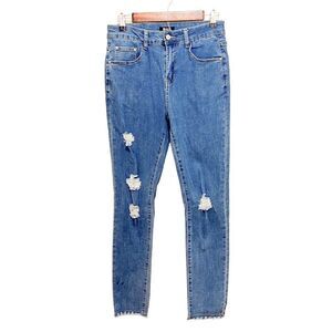 NWT Potili Medium Wash Skinny Distressed Stretch Blue Denim Jeans Retail $99
